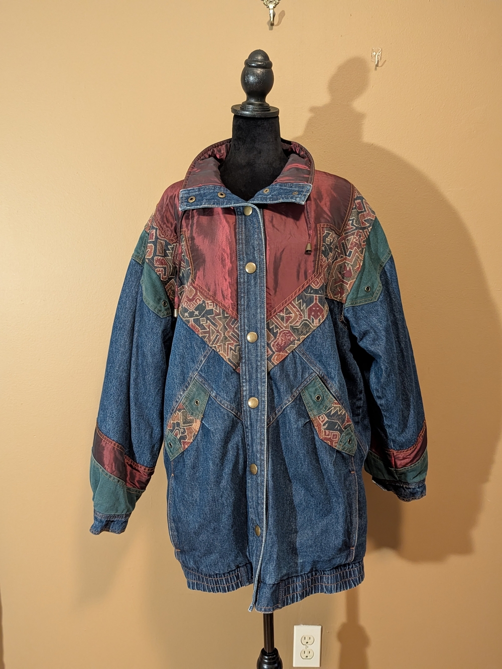 Vintage Denim and Burgundy Patchwork Jacket. Sz Large.